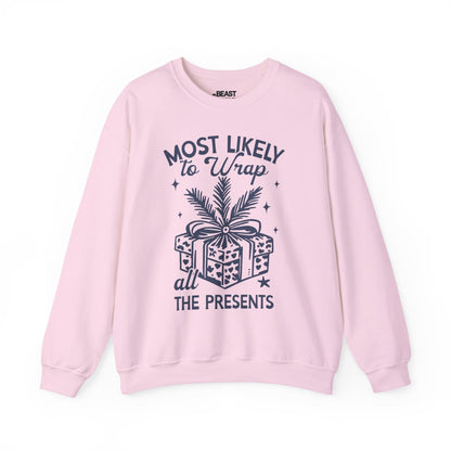 most likely to wrap all the presents christmas sweatshirt light pink sweatshirt uk Christmas gift idea