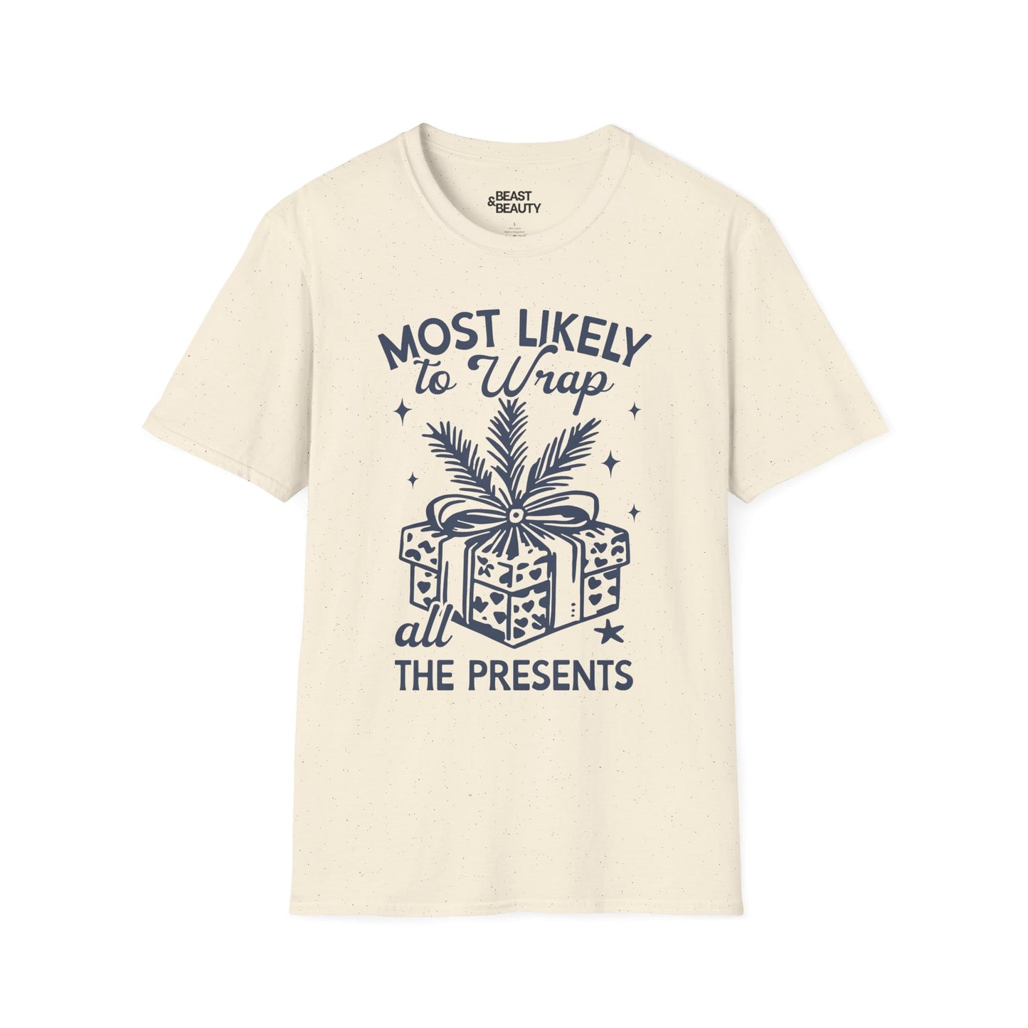 most likely to wrap all the presents christmas t-shirt natural t-shirt uk Christmas gift idea