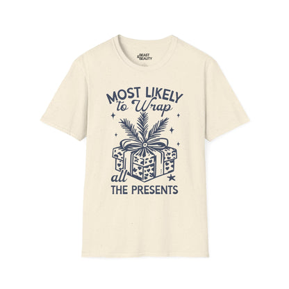 most likely to wrap all the presents christmas t-shirt natural t-shirt uk Christmas gift idea