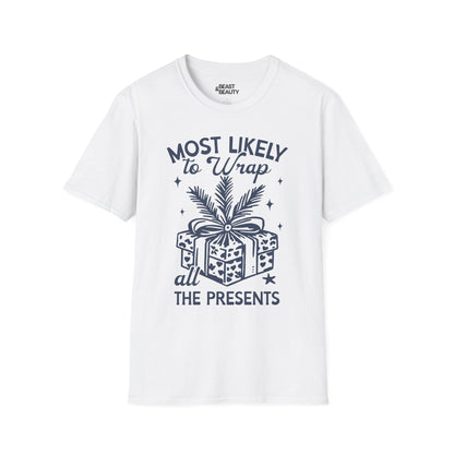 most likely to wrap all the presents christmas t-shirt white t-shirt uk Christmas gift idea