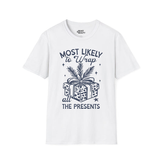 most likely to wrap all the presents christmas t-shirt white t-shirt uk Christmas gift idea