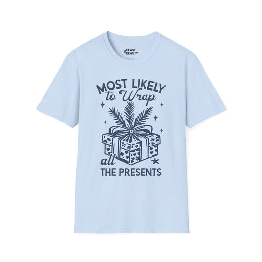 most likely to wrap all the presents christmas t-shirt light blue t-shirt uk Christmas gift idea