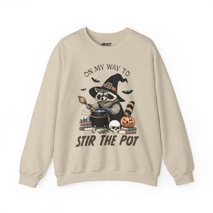 On My Way To Stir The Pot Halloween Raccoon Sweatshirt Sand / S gift_idea unique_gift personalised_gift