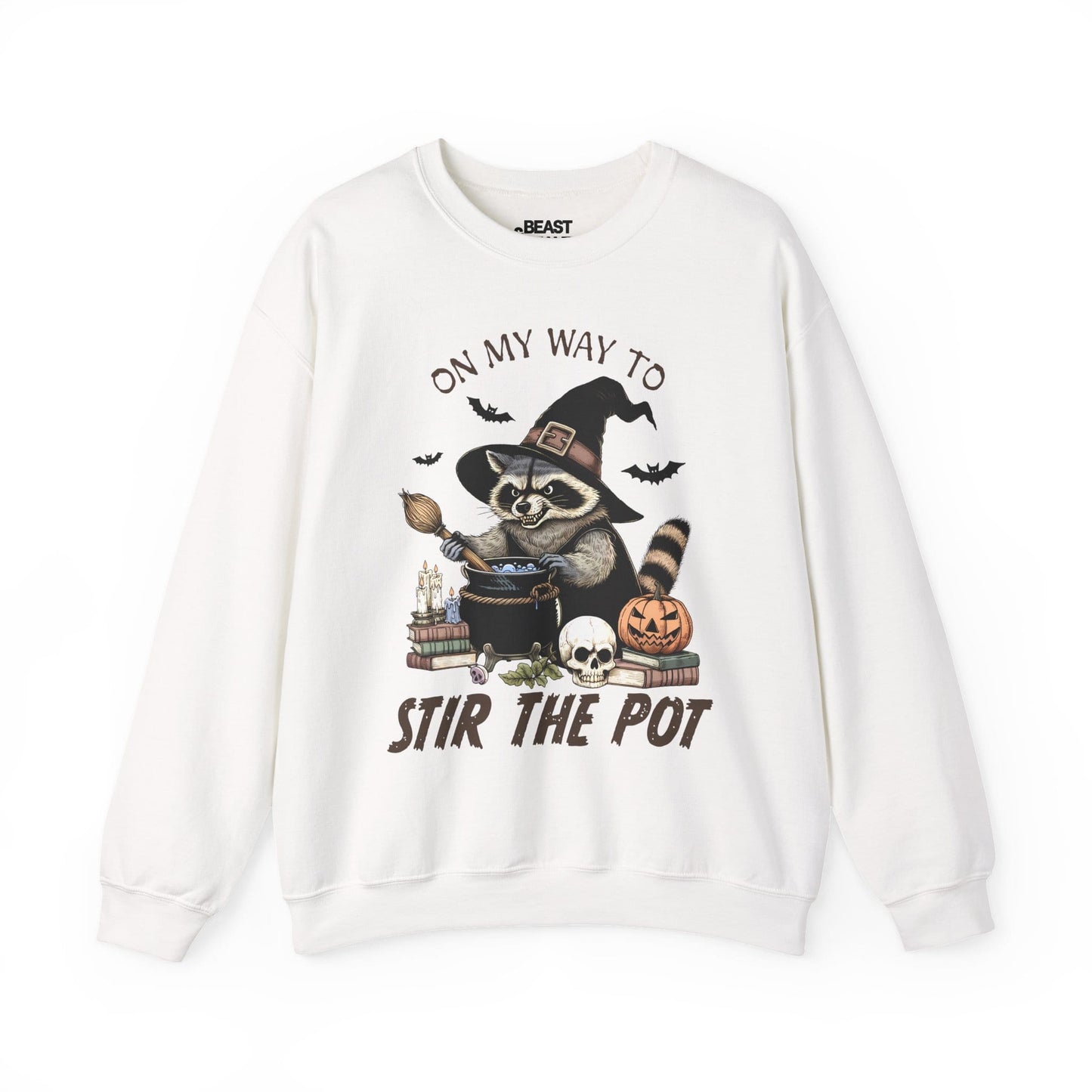 On My Way To Stir The Pot Halloween Raccoon Sweatshirt White / S gift_idea unique_gift personalised_gift