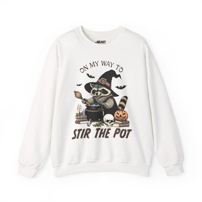 On My Way To Stir The Pot Halloween Raccoon Sweatshirt White / S gift_idea unique_gift personalised_gift