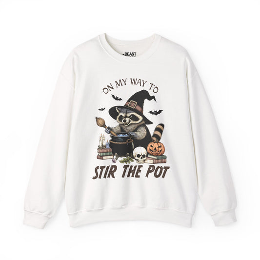 On My Way To Stir The Pot Halloween Raccoon Sweatshirt White / S gift_idea unique_gift personalised_gift