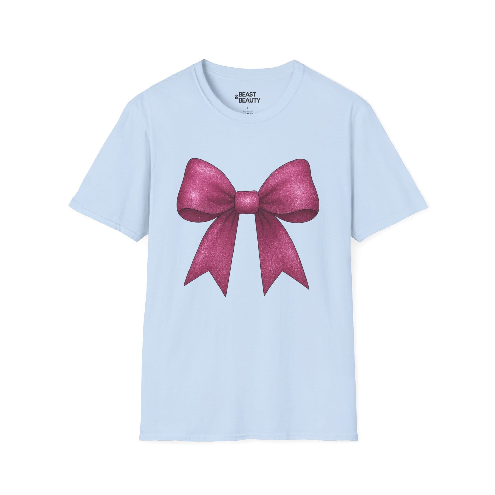 pink glitter bow t-shirt light blue t-shirt uk coquette gift idea