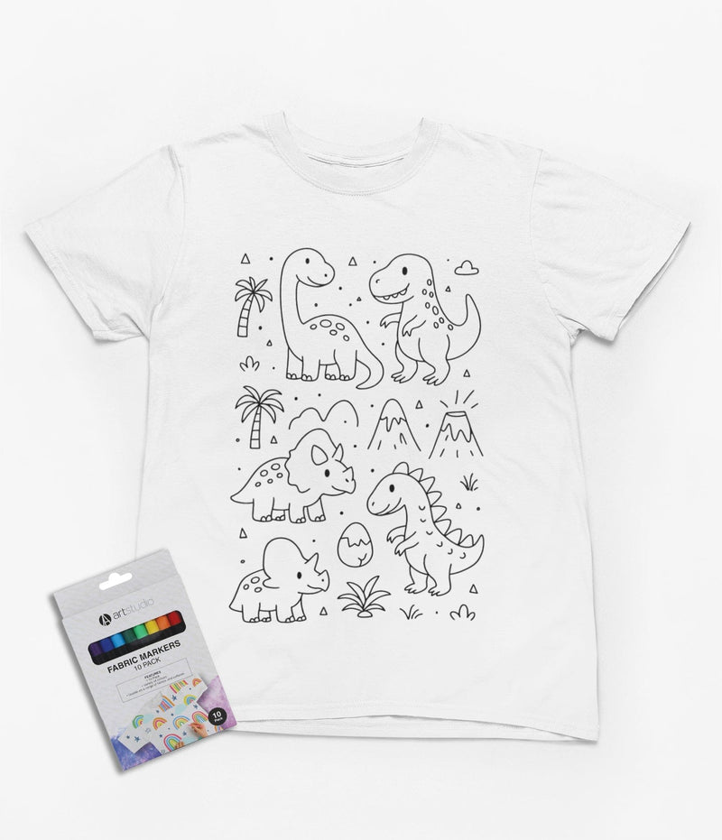 Camiseta de dinosaurio para colorear "Amigos Prehistóricos" – Camiseta creativa para niños con rotuladores