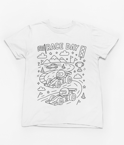Race Day Colour-In T-Shirt – DIY Racing Fun for Kids with Fabric Markers gift_idea unique_gift personalised_gift