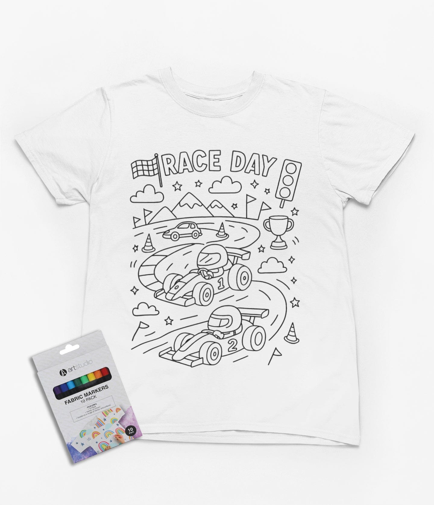 Race Day Colour-In T-Shirt – DIY Racing Fun for Kids with Fabric Markers 3-4 years gift_idea unique_gift personalised_gift