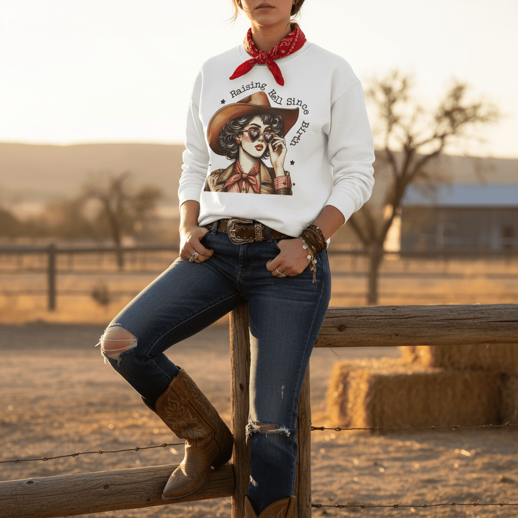 Raising Hell Since Birth Cowgirl Sweatshirt gift_idea unique_gift personalised_gift