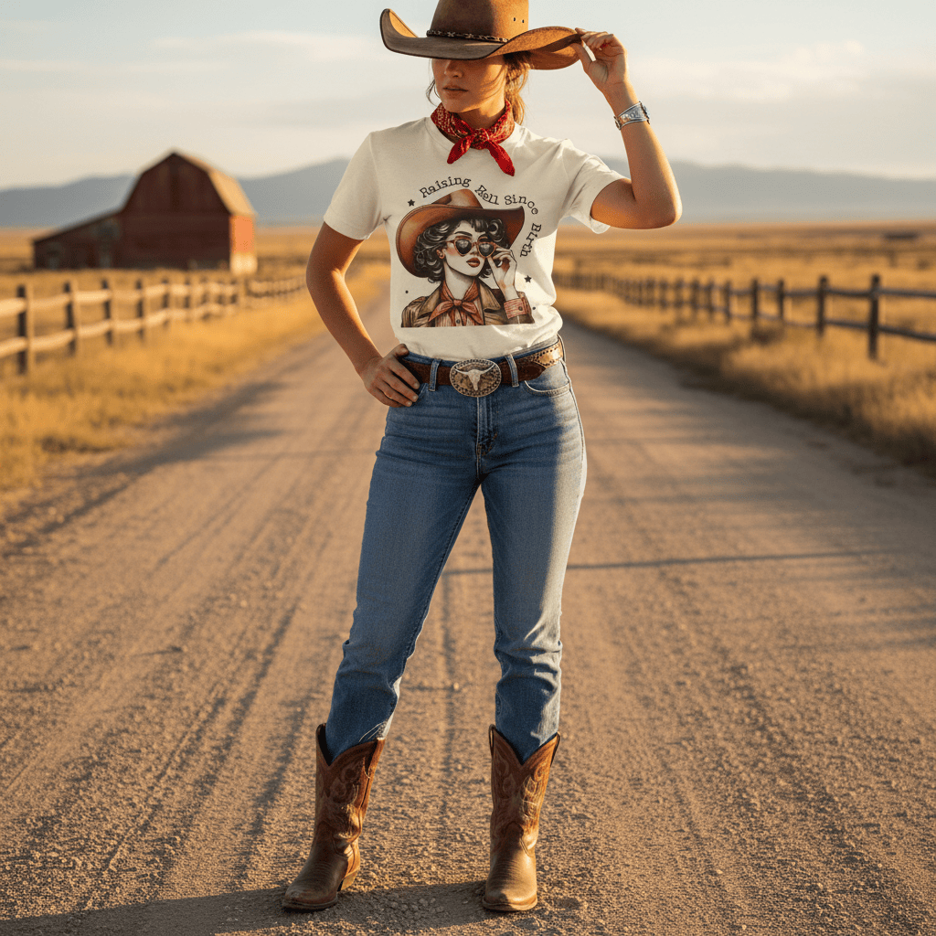 Raising Hell Since Birth Cowgirl T-Shirt gift_idea unique_gift personalised_gift