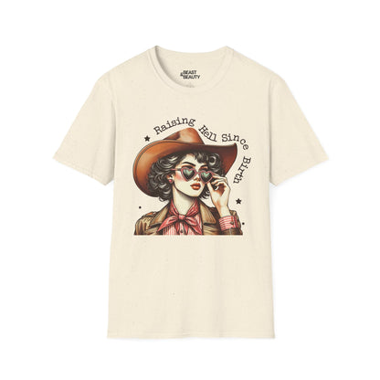 raising hell since birth cowgirl t-shirt natural t-shirt uk cowgirl gift idea