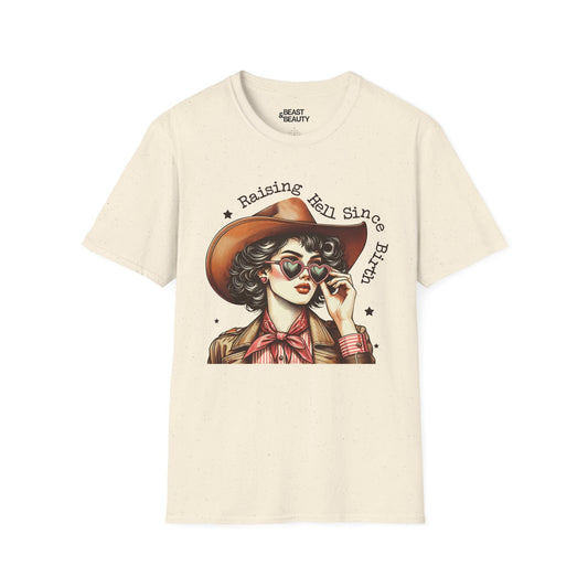 raising hell since birth cowgirl t-shirt natural t-shirt uk cowgirl gift idea