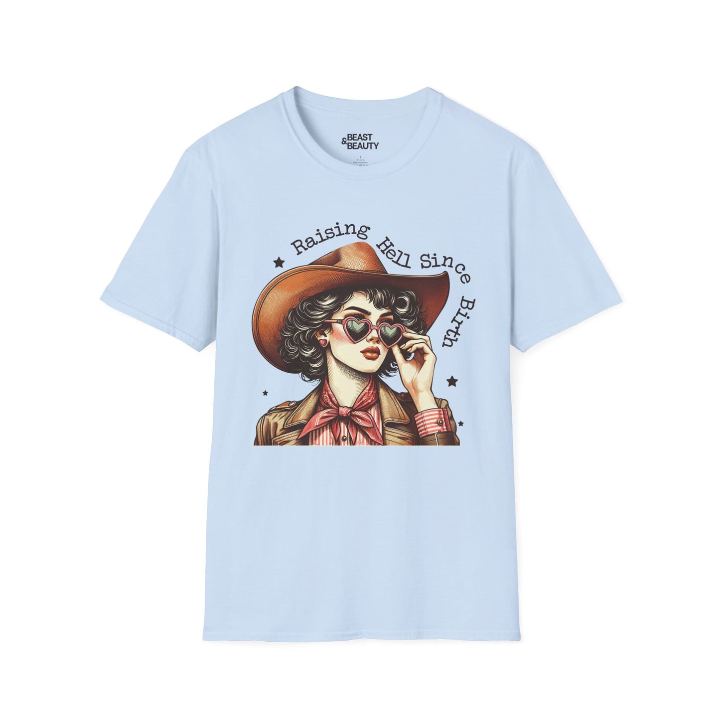 raising hell since birth cowgirl t-shirt light blue t-shirt uk cowgirl gift idea