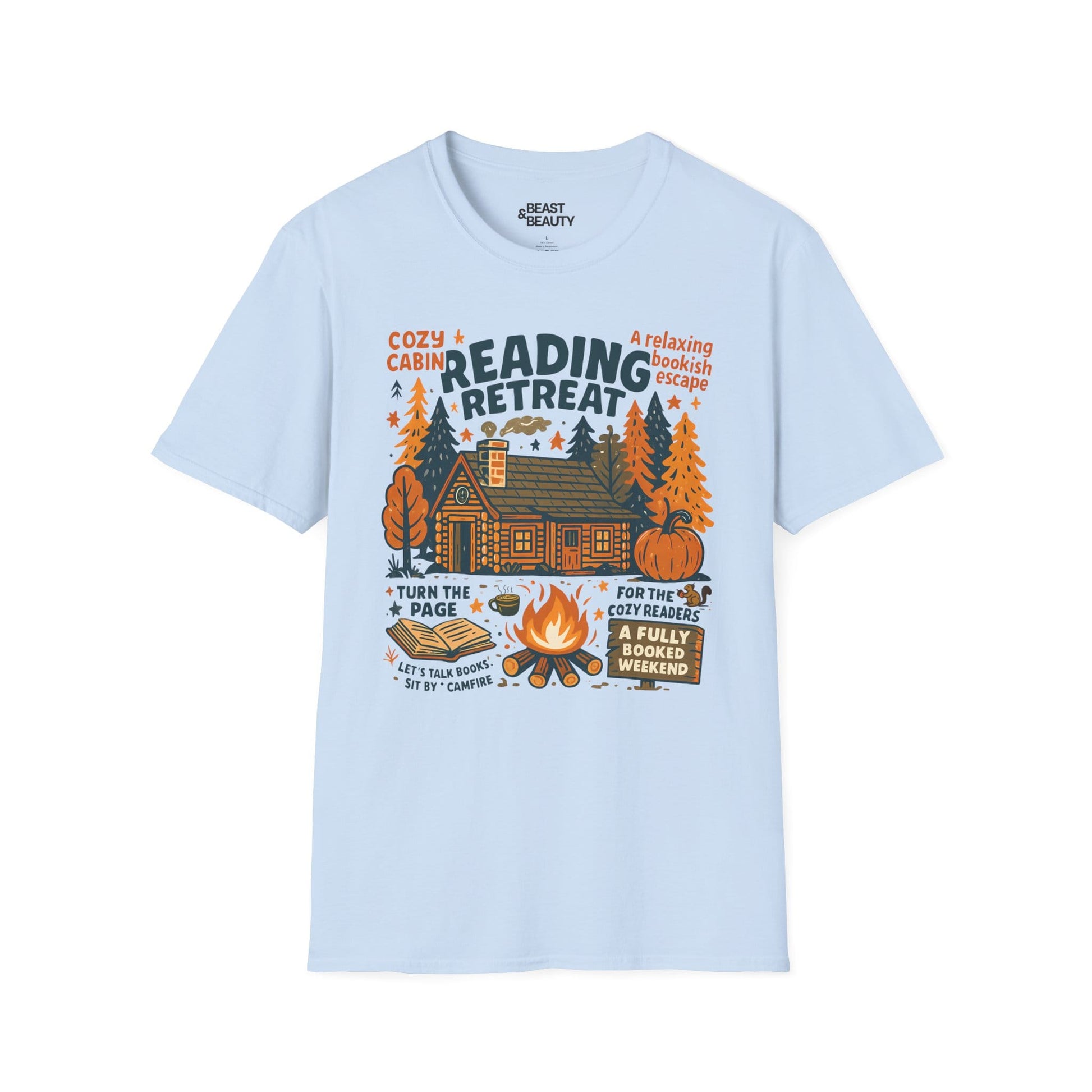 reading retreat cozy cabin t-shirt light blue t-shirt uk book lover gift idea