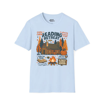 reading retreat cozy cabin t-shirt light blue t-shirt uk book lover gift idea