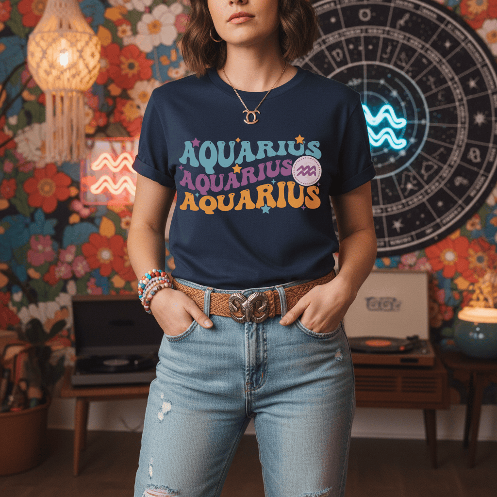 Retro Aquarius Zodiac Graphic T-Shirt gift_idea unique_gift personalised_gift