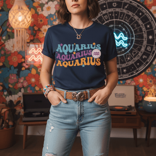 Retro Aquarius Zodiac Graphic T-Shirt gift_idea unique_gift personalised_gift
