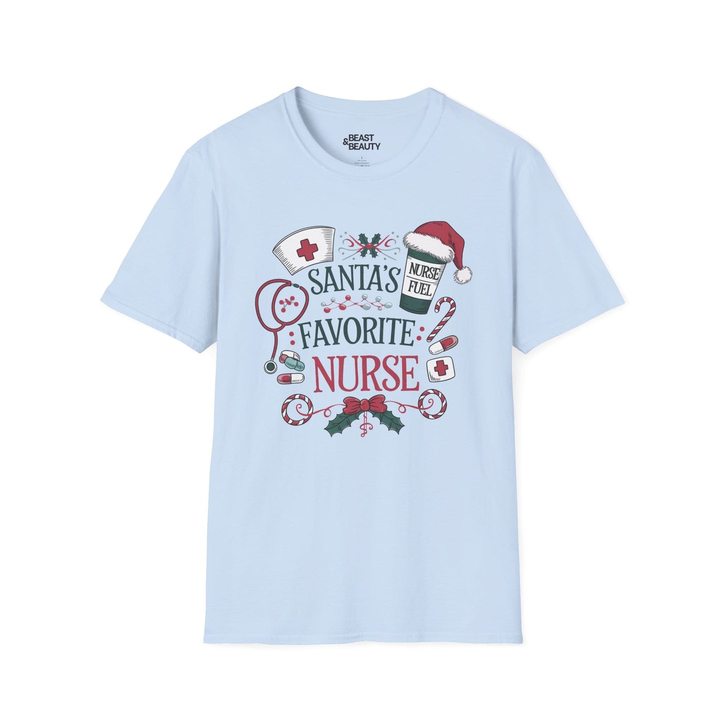 santa s favorite nurse christmas t-shirt light blue t-shirt uk Christmas gift idea