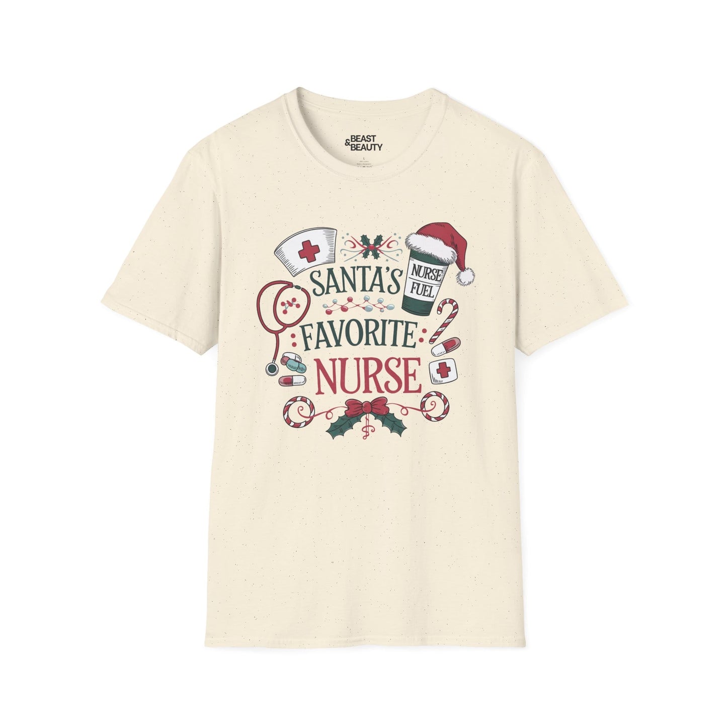 santa s favorite nurse christmas t-shirt natural t-shirt uk Christmas gift idea