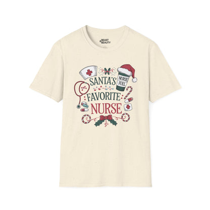 santa s favorite nurse christmas t-shirt natural t-shirt uk Christmas gift idea