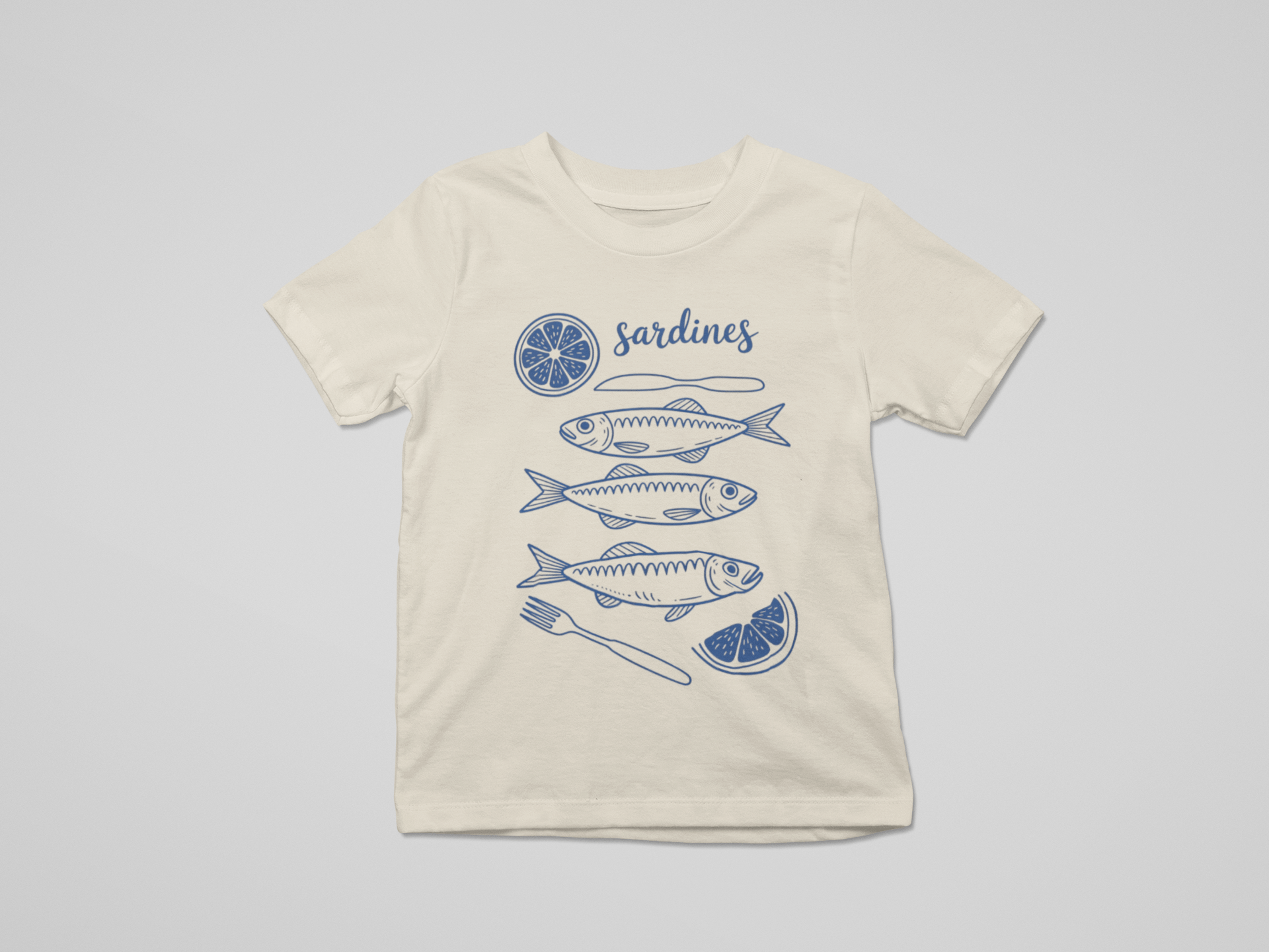 Sardines Graphic T-Shirt – Vintage Seafood Tee in Navy Blue on Sand 5-6 years / T-Shirt gift_idea unique_gift personalised_gift