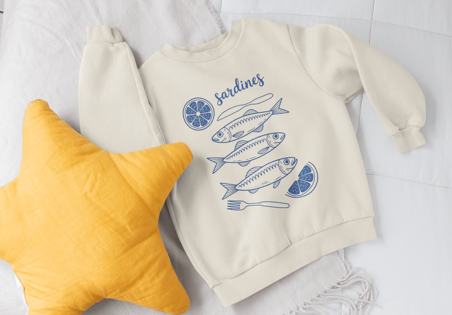 Sardines Graphic T-Shirt – Vintage Seafood Tee in Navy Blue on Sand 5-6 years / Sweatshirt gift_idea unique_gift personalised_gift