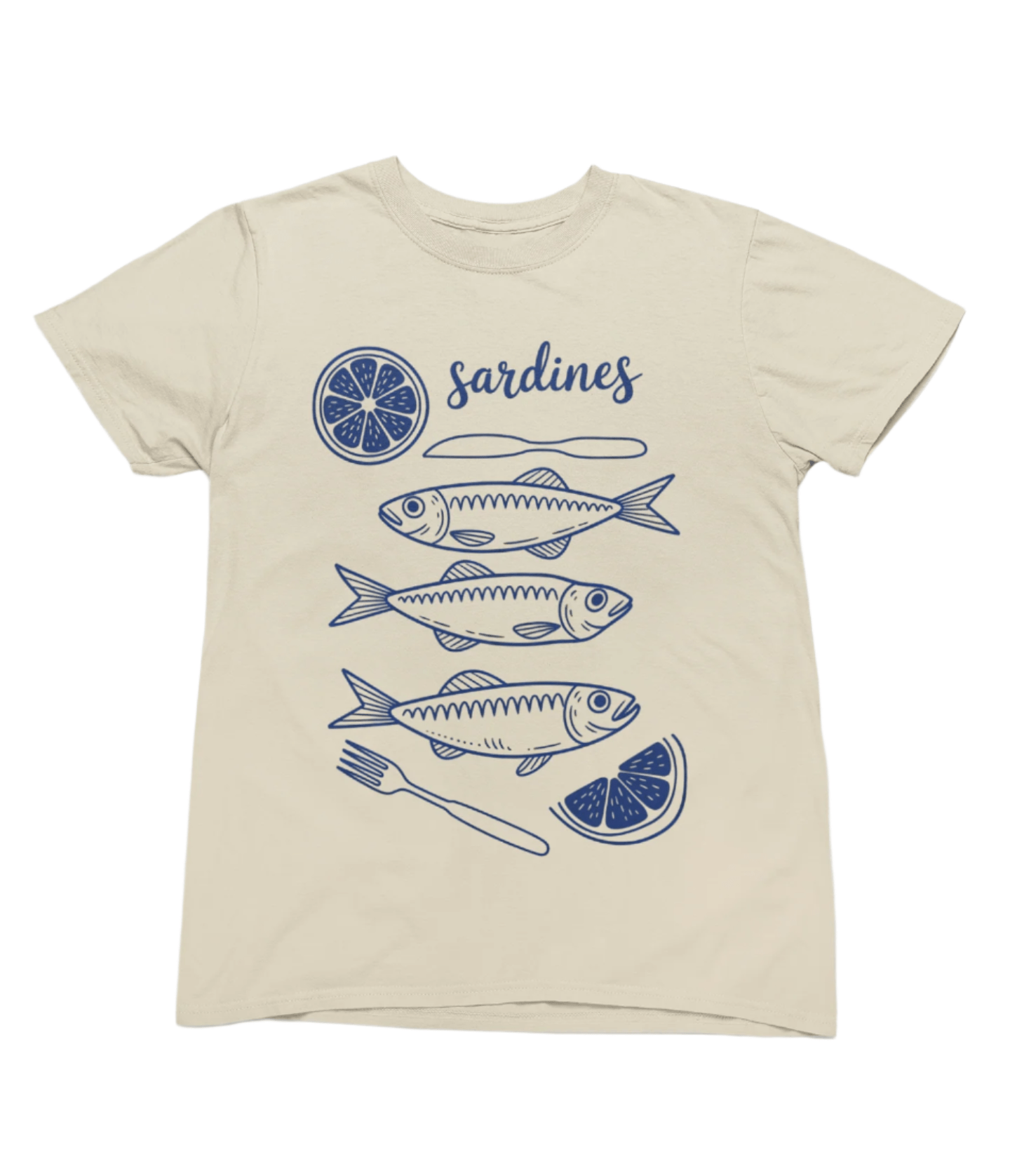 Sardines Graphic T-Shirt – Vintage Seafood Tee in Navy Blue on Sand S (Adult) / T-Shirt gift_idea unique_gift personalised_gift