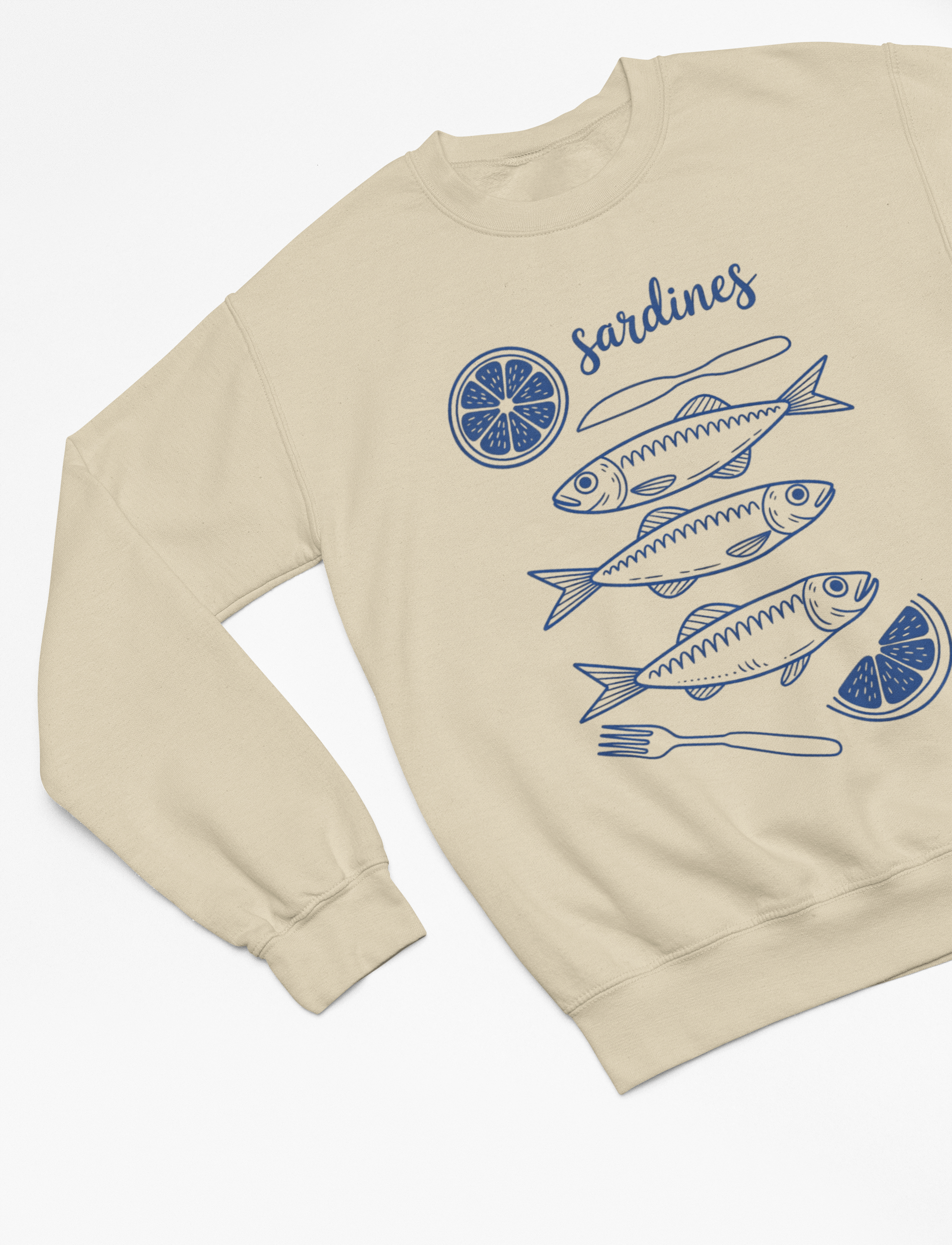 Sardines Graphic T-Shirt – Vintage Seafood Tee in Navy Blue on Sand S (Adult) / Sweatshirt gift_idea unique_gift personalised_gift