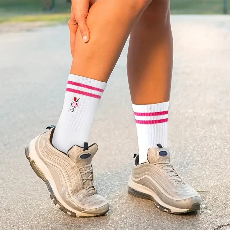 My Store Socks Strawberry Cocktail Socks – Cute Embroidered Pink Stripe Socks UK