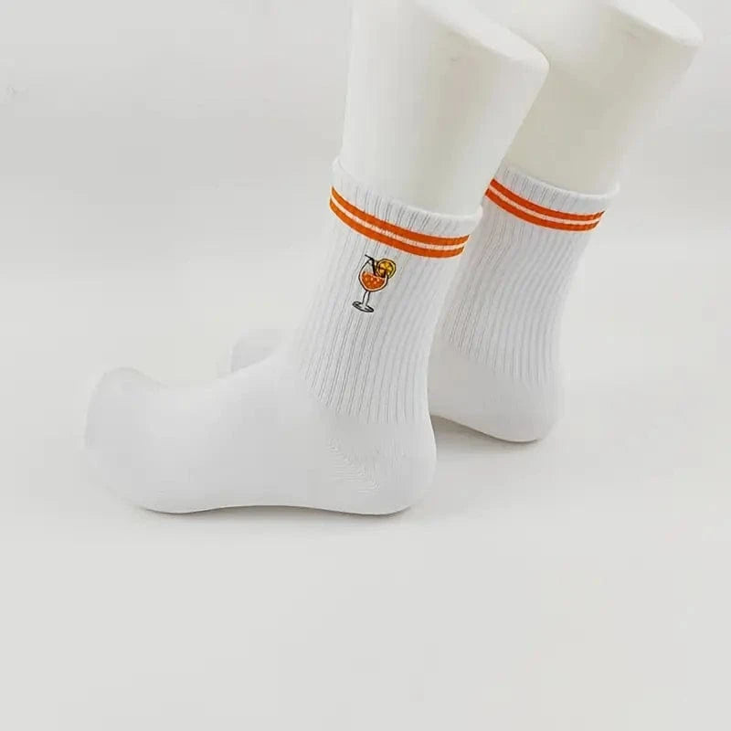 My Store Socks Wine Glass Socks – Fun Embroidered White & Orange Stripe Socks UK