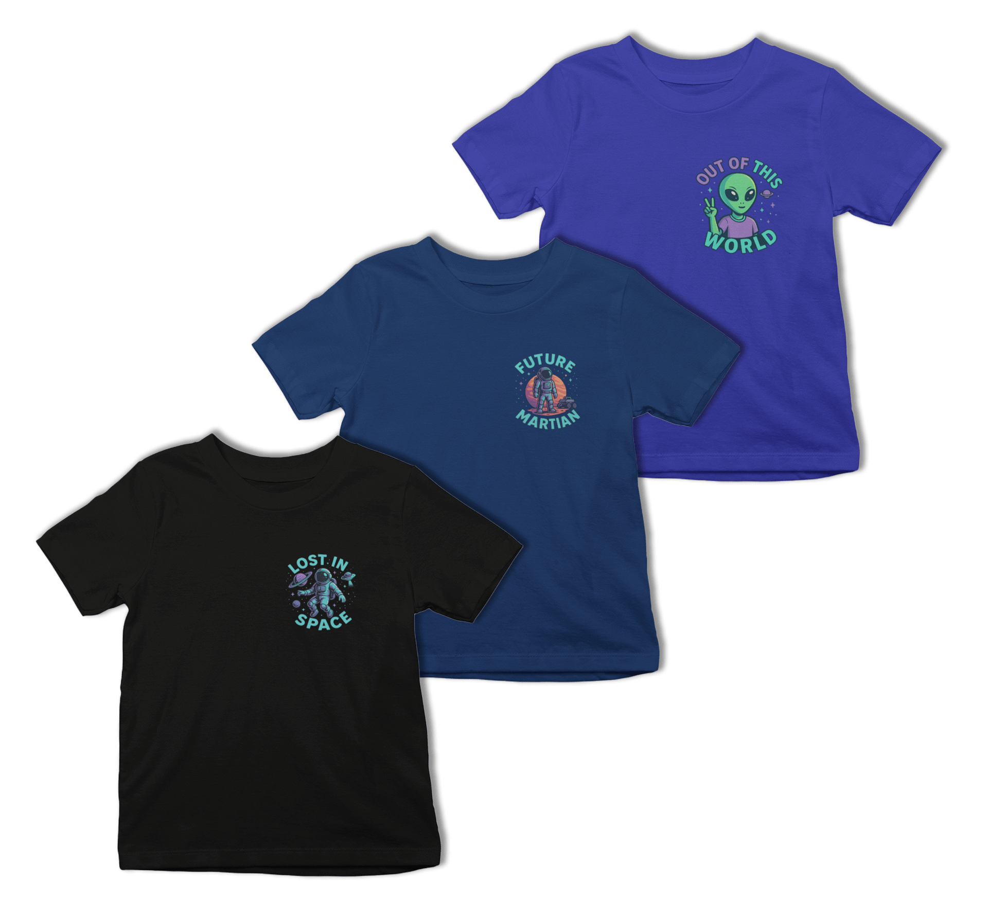Space Kids T-Shirt Set (3 Pack) | Astronaut, Alien, Martian Shirts 3-4 years / Set of 3 gift_idea unique_gift personalised_gift