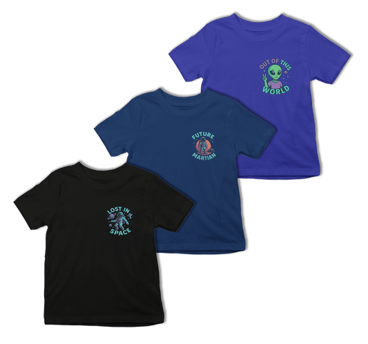 Space Kids T-Shirt Set (3 Pack) | Astronaut, Alien, Martian Shirts 3-4 years / Set of 3 gift_idea unique_gift personalised_gift