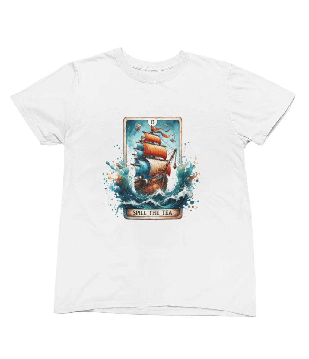Spill the Tea Tarot Shirt & Sweatshirt | Gossip Pirate Ship Funny Tee T-Shirt / small / White gift_idea unique_gift personalised_gift