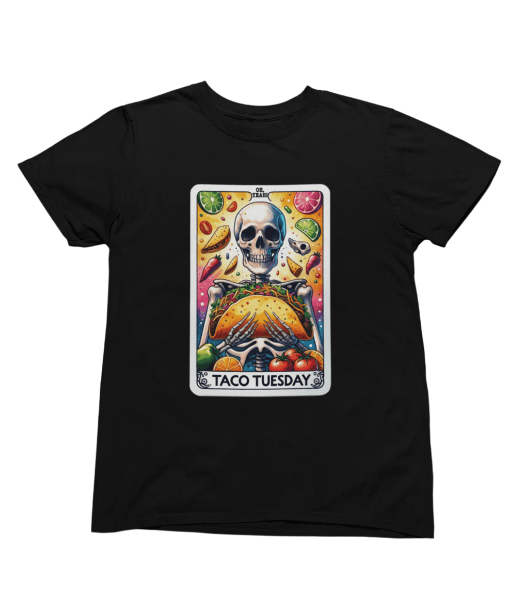 Taco Tuesday Skeleton Shirt | Funny Tarot Mexican Food T-Shirt or Sweatshirt T-Shirt / small / Black gift_idea unique_gift personalised_gift