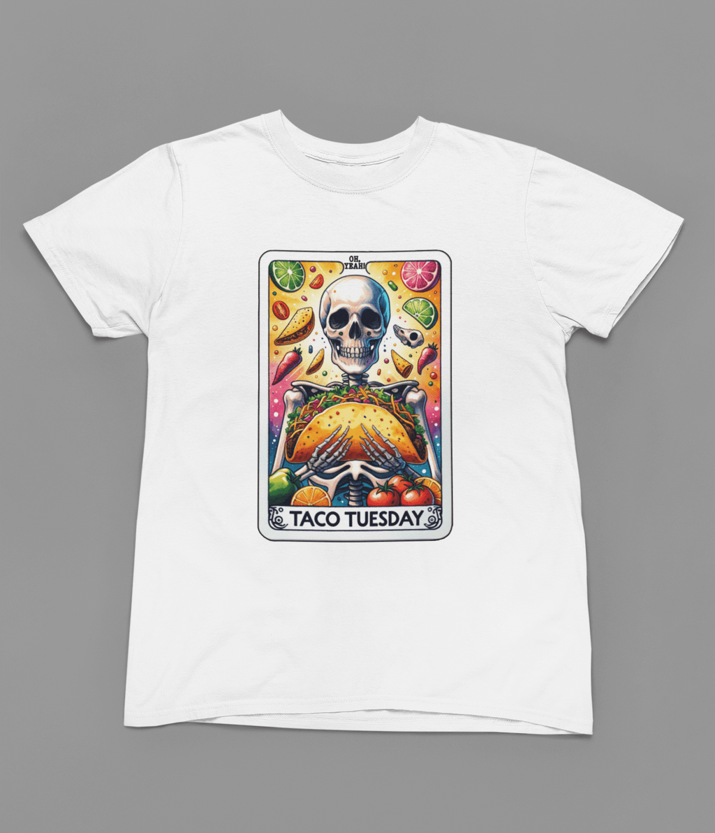 Taco Tuesday Skeleton Shirt | Funny Tarot Mexican Food T-Shirt or Sweatshirt T-Shirt / small / White gift_idea unique_gift personalised_gift