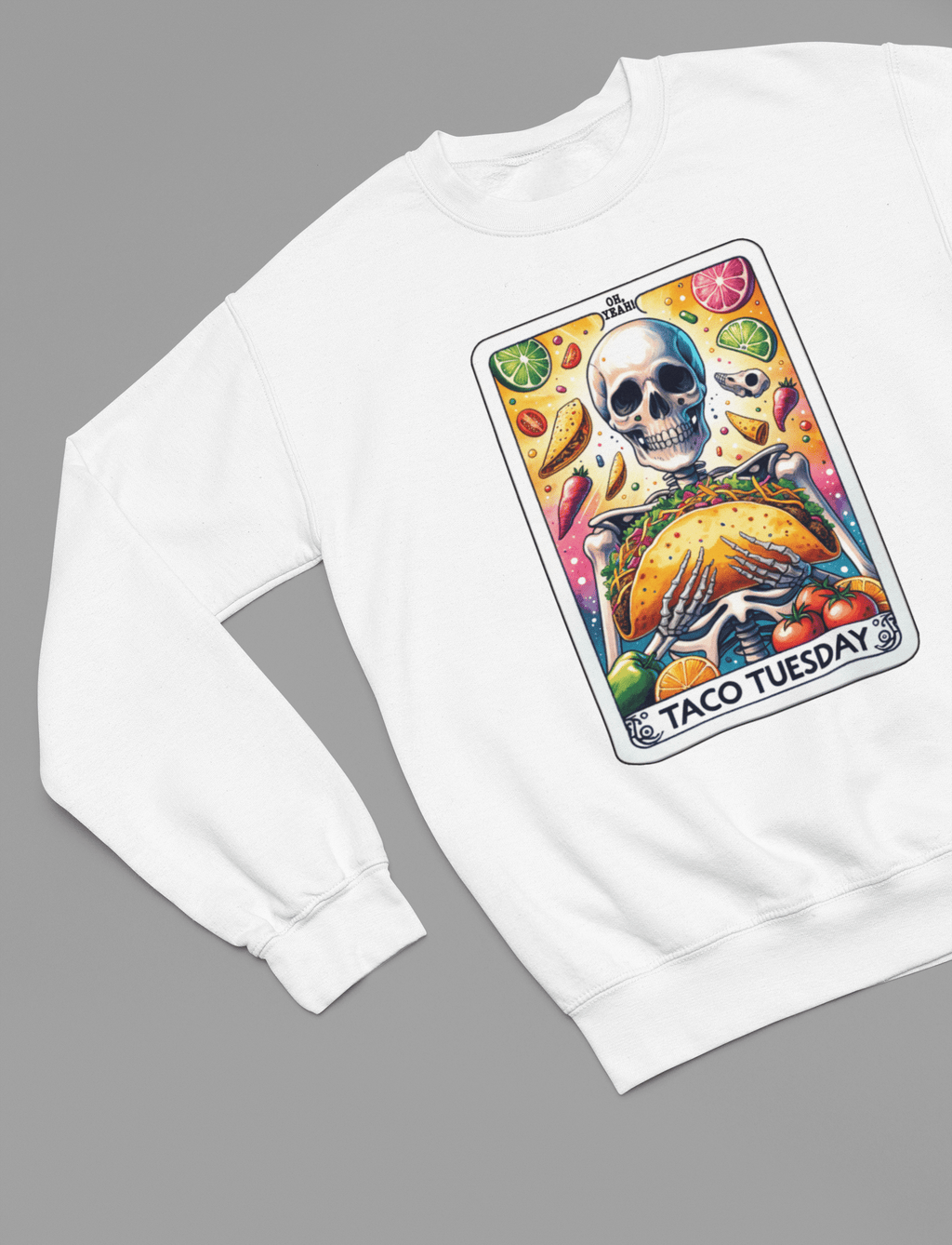 Taco Tuesday Skeleton Shirt | Funny Tarot Mexican Food T-Shirt or Sweatshirt Sweatshirt / small / White gift_idea unique_gift personalised_gift