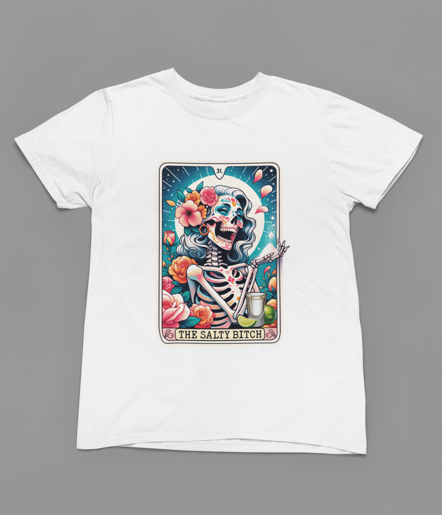 My Store Tarot T-Shirt T-Shirt / small / White The Salty Bitch Tarot Shirt & Sweatshirt | Tequila Skeleton Floral Tee