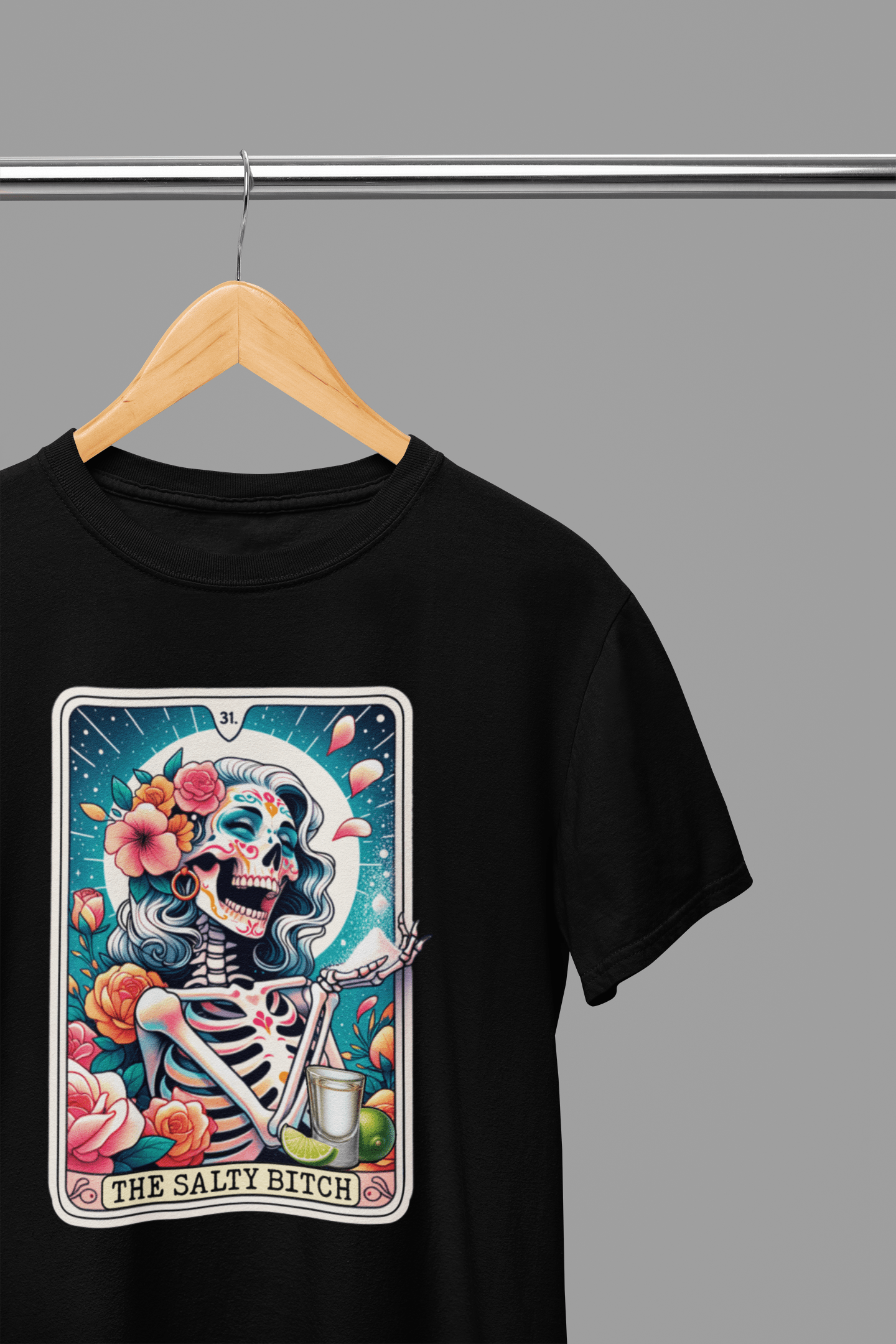 My Store Tarot T-Shirt The Salty Bitch Tarot Shirt & Sweatshirt | Tequila Skeleton Floral Tee