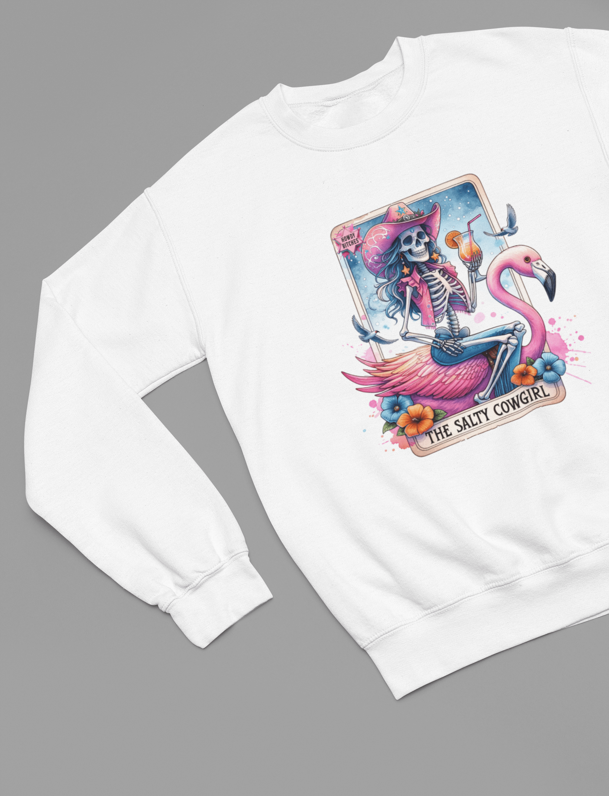 My Store Tarot T-Shirt Sweatshirt / small / White The Salty Cowgirl Tarot Shirt & Sweatshirt | Funny Flamingo Skeleton Tee