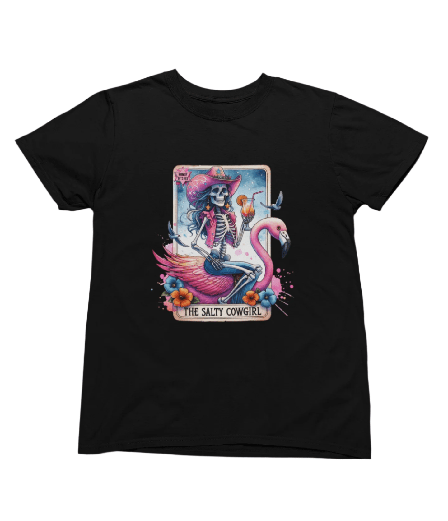 My Store Tarot T-Shirt T-Shirt / small / Black The Salty Cowgirl Tarot Shirt & Sweatshirt | Funny Flamingo Skeleton Tee