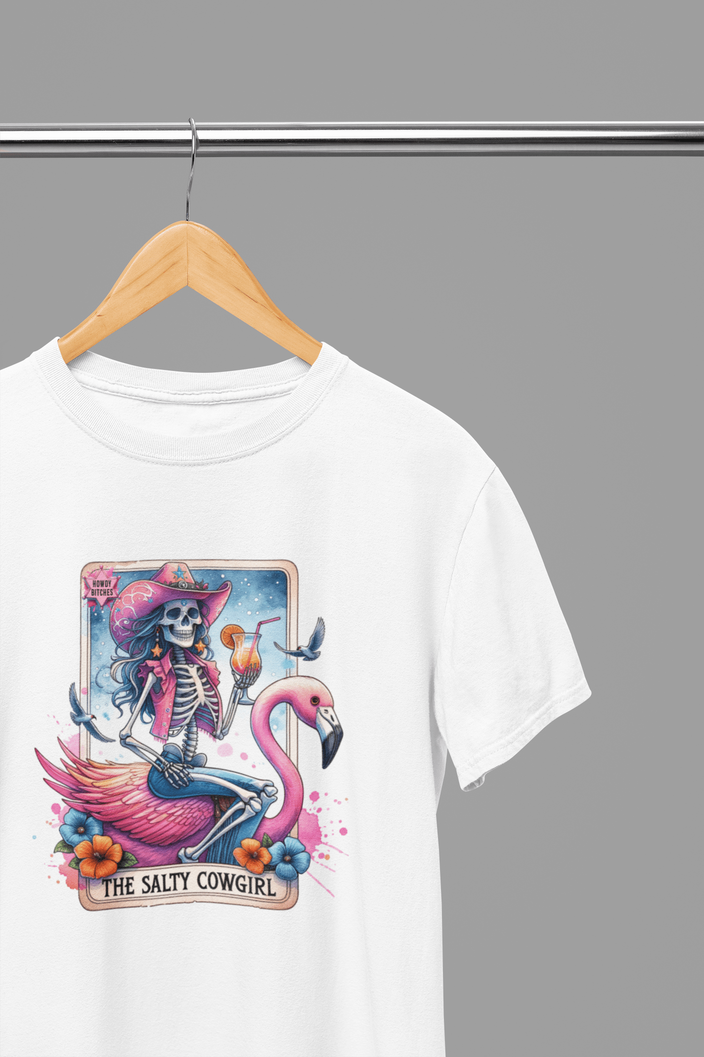 My Store Tarot T-Shirt The Salty Cowgirl Tarot Shirt & Sweatshirt | Funny Flamingo Skeleton Tee