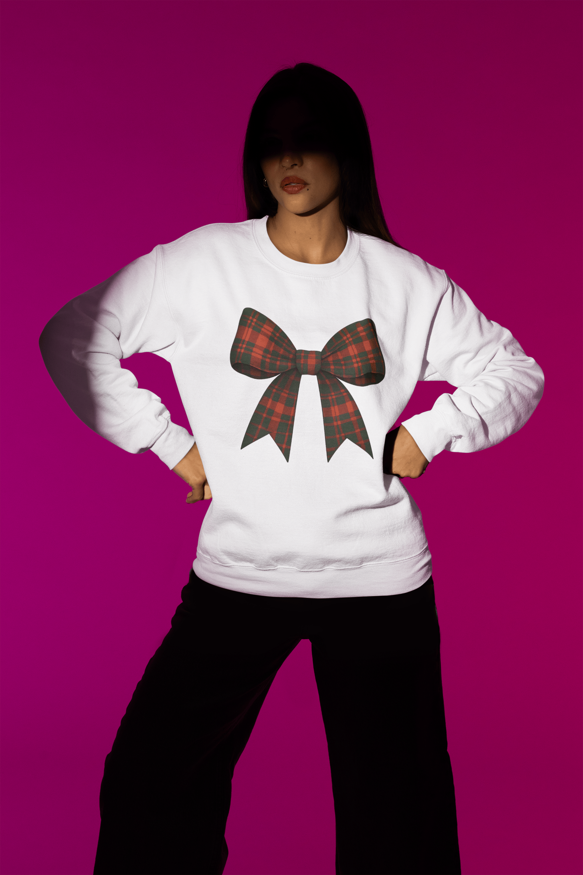 Beast and Beauty Tartan Coquette Christmas Bow Sweatshirt – Cottagecore Xmas Jumper