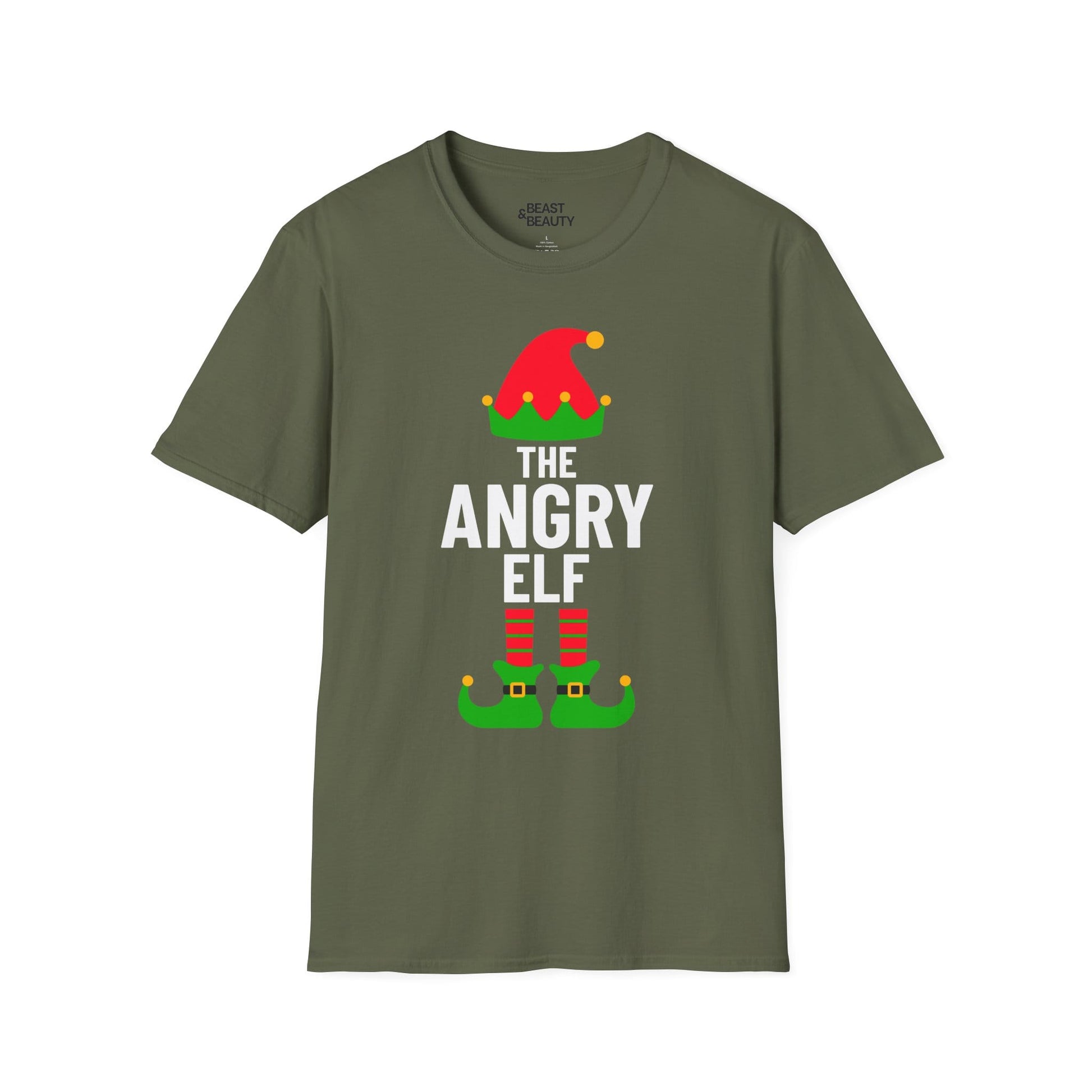 the angry elf christmas t-shirt military green t-shirt uk Christmas gift idea