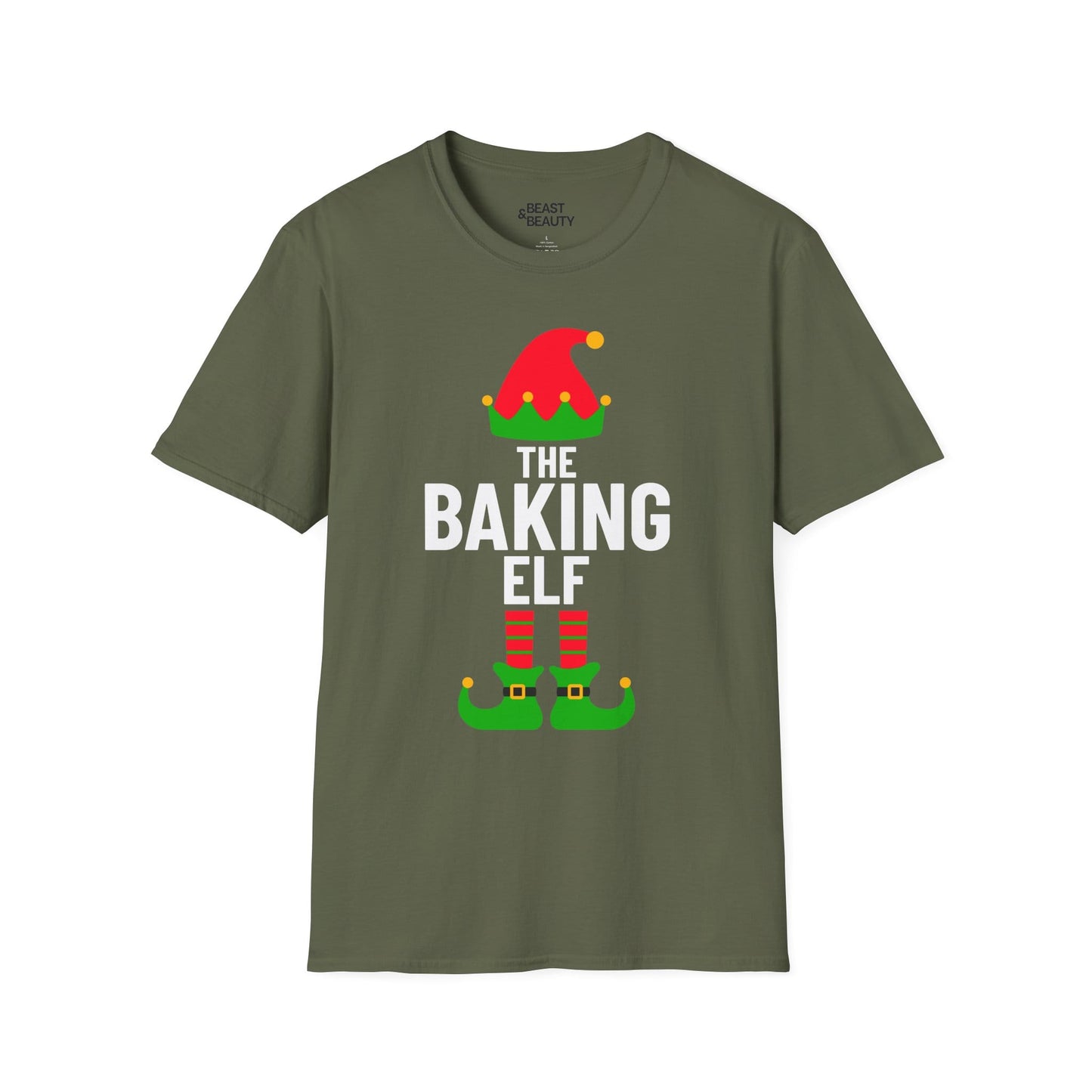 the baking elf christmas t-shirt military green t-shirt uk Christmas gift idea