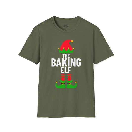 the baking elf christmas t-shirt military green t-shirt uk Christmas gift idea