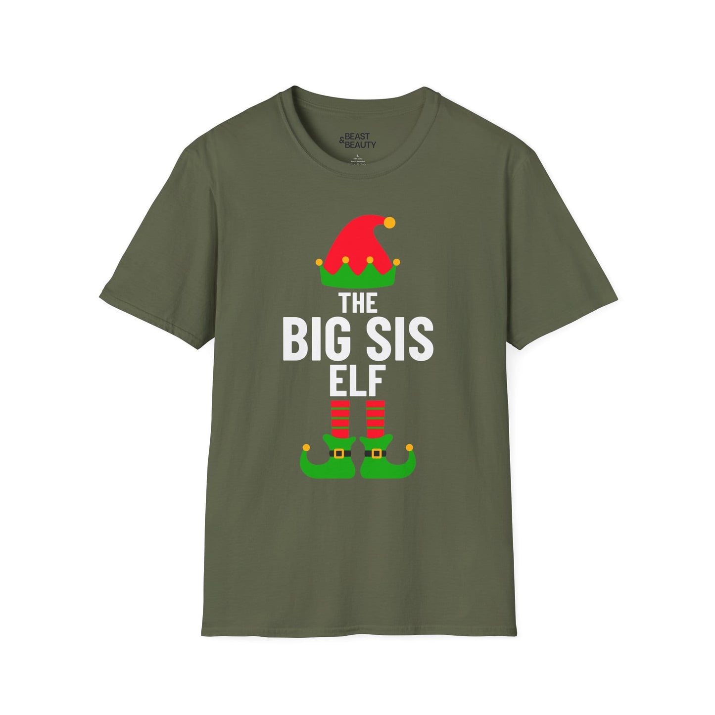 the big sis elf christmas t-shirt military green t-shirt uk Christmas gift idea