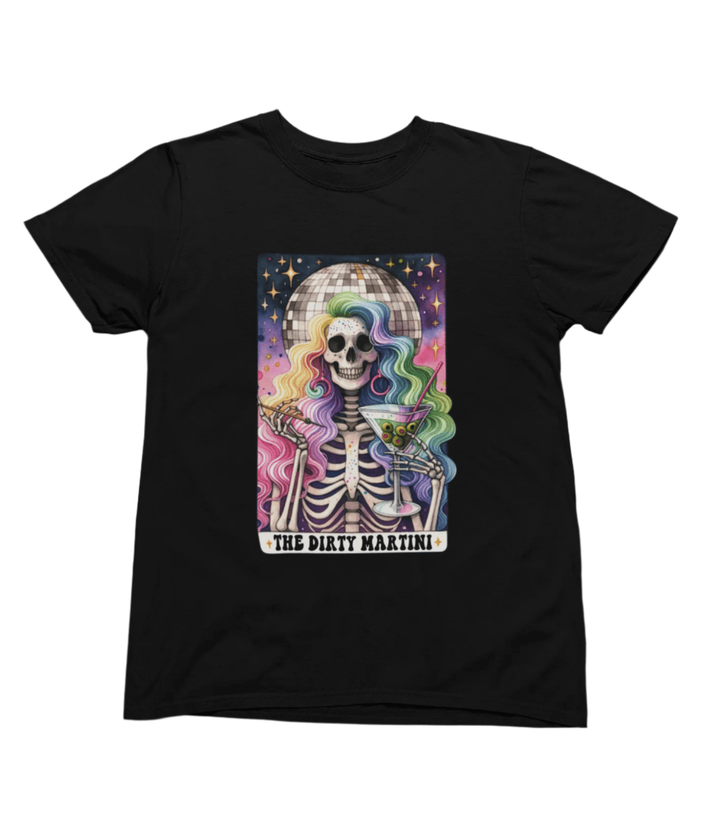 The Dirty Martini Tarot T-Shirt & Sweatshirt | Disco Party Skeleton Graphic T-Shirt / small / Black gift_idea unique_gift personalised_gift