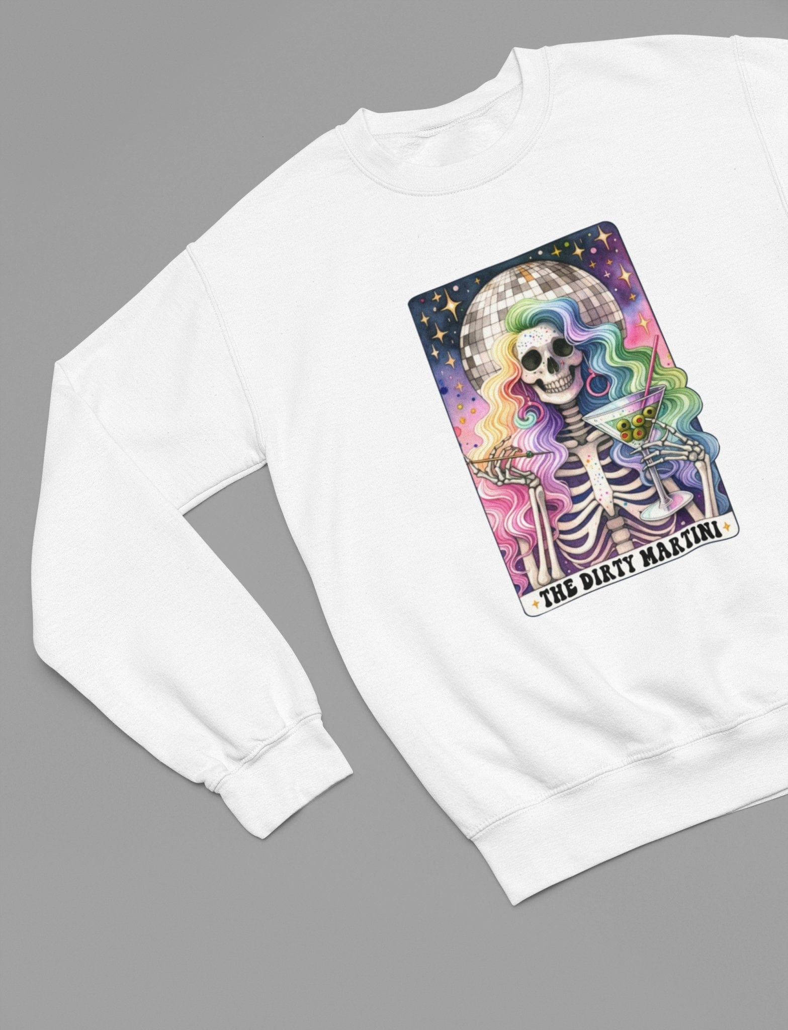 The Dirty Martini Tarot T-Shirt & Sweatshirt | Disco Party Skeleton Graphic Sweatshirt / small / White gift_idea unique_gift personalised_gift